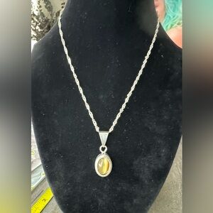 TAXCO 925 SILVER TIGERS EYE  SHADOW BOX  PENDANT & 16” TWIST CHAIN ~ 3.64g